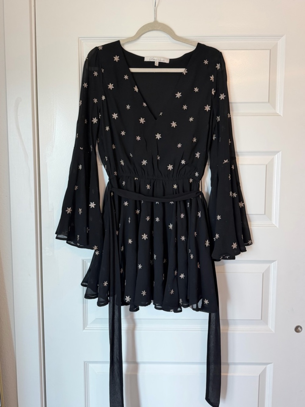 Lovers + Friends Black V-Neck Dress with Silver Star Embroidery